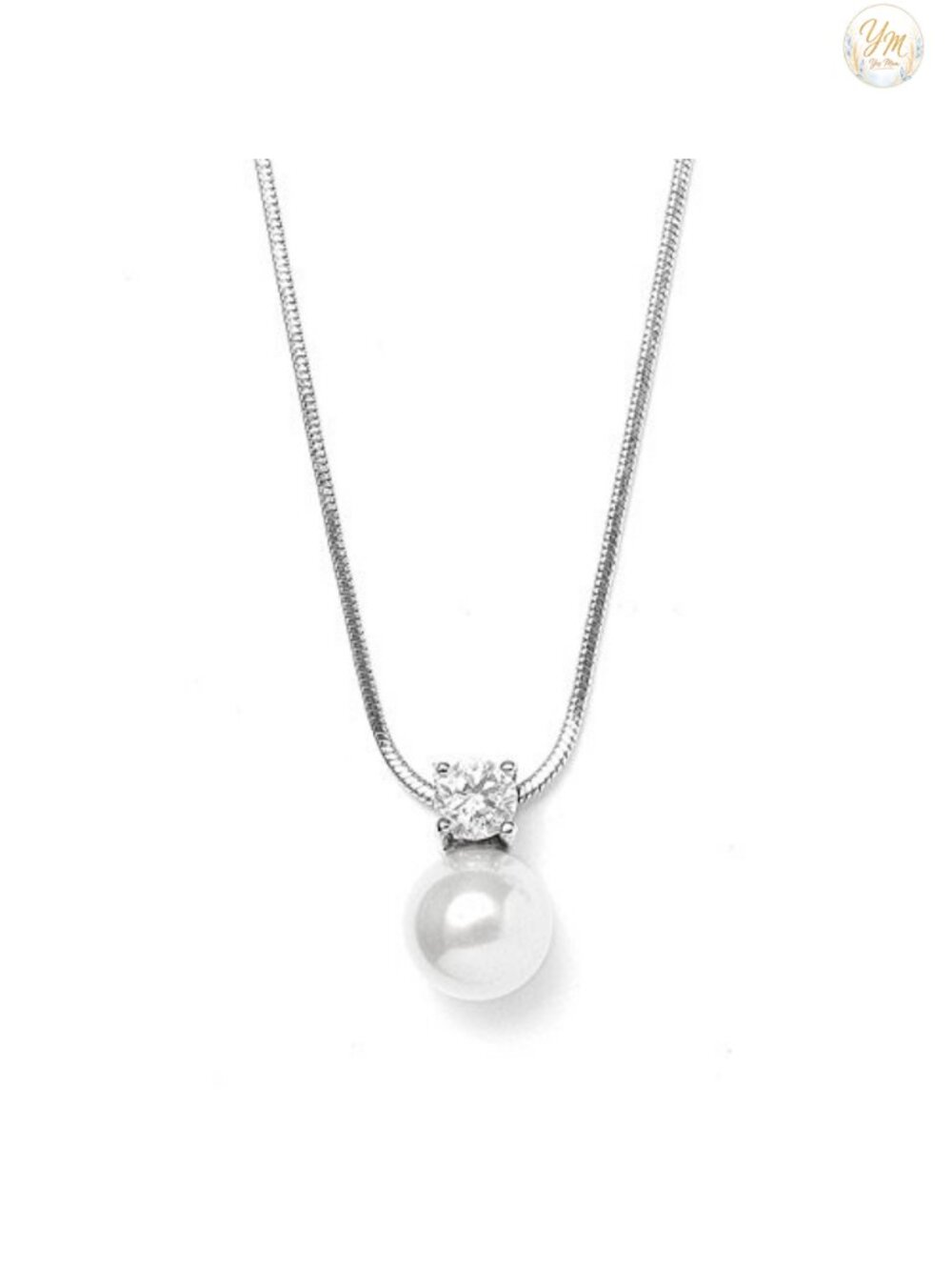 White Pearl Bridal Necklace Pendant with Cubic Zirconia, Rhodium Plated,